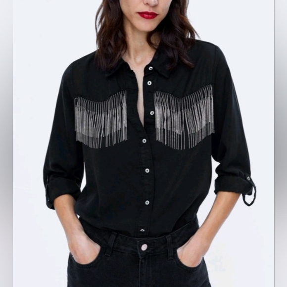 Zara Women’s Long-sleeve button up Silver Beaded fringe embellishment cowgirl M - Picture 1 of 9